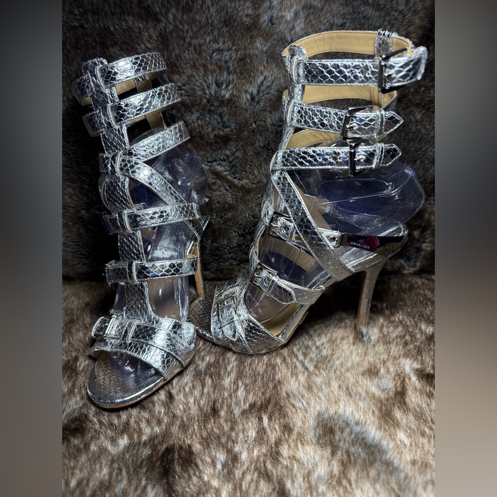 michael kors collection ming snakeskin gladiator sandals silver